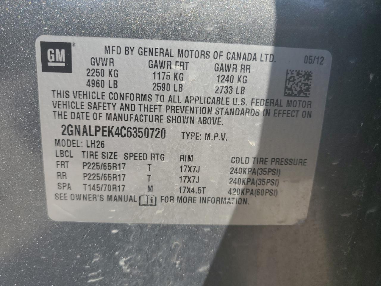 2012 Chevrolet Equinox Lt VIN: 2GNALPEK4C6350720 Lot: 71635825