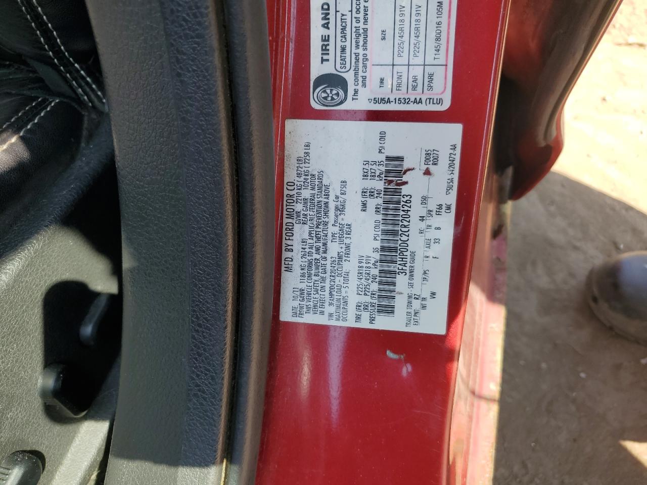 2012 Ford Fusion Sport VIN: 3FAHP0DC2CR204263 Lot: 71962225