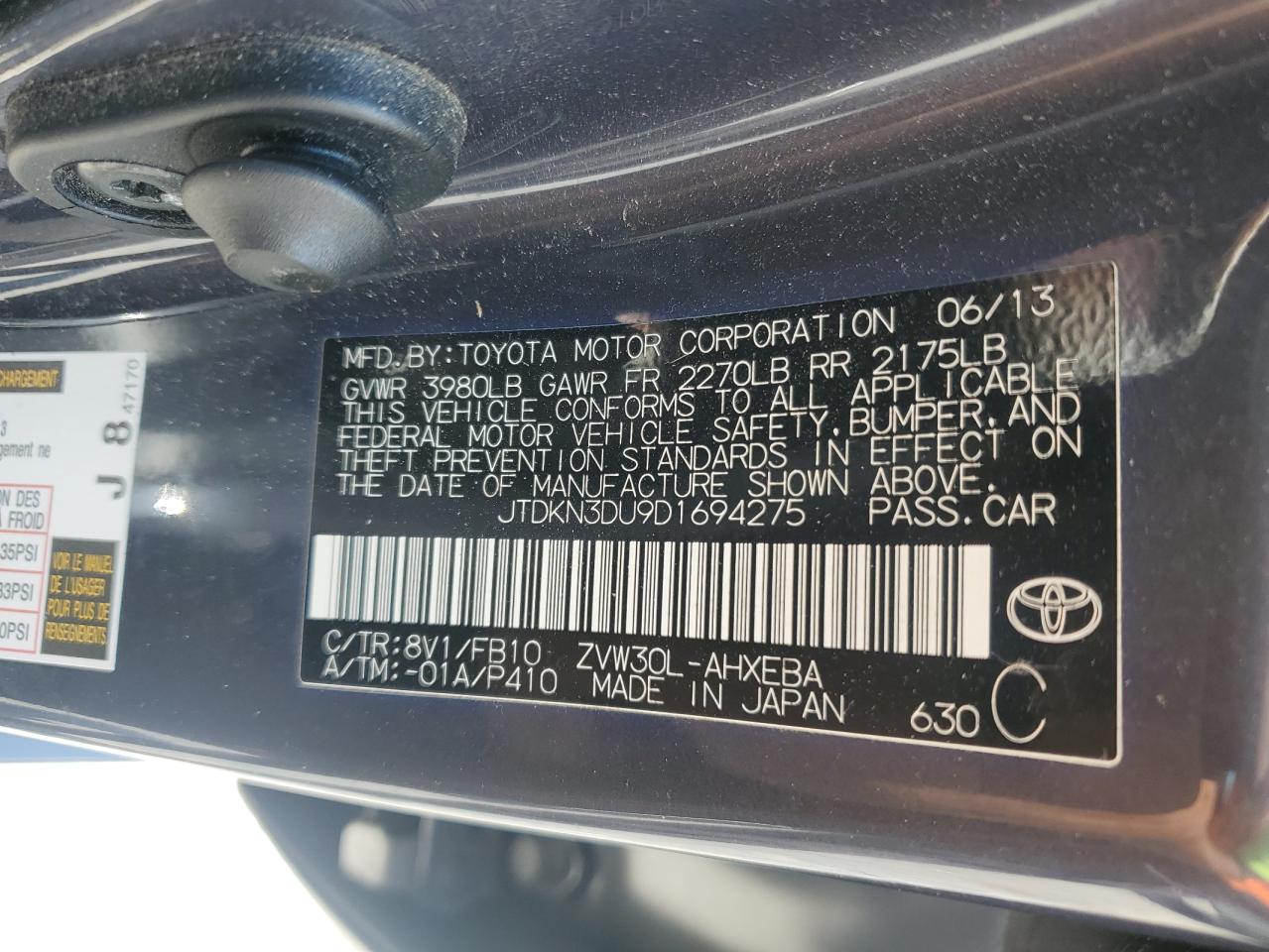 2013 Toyota Prius VIN: JTDKN3DU9D1694275 Lot: 71092545