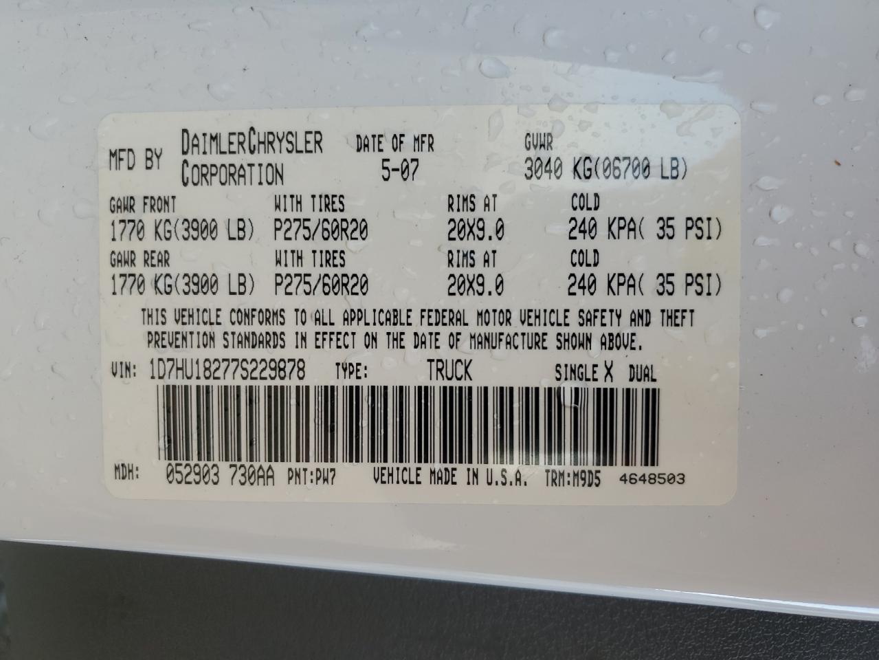 2007 Dodge Ram 1500 St VIN: 1D7HU18277S229878 Lot: 81338545