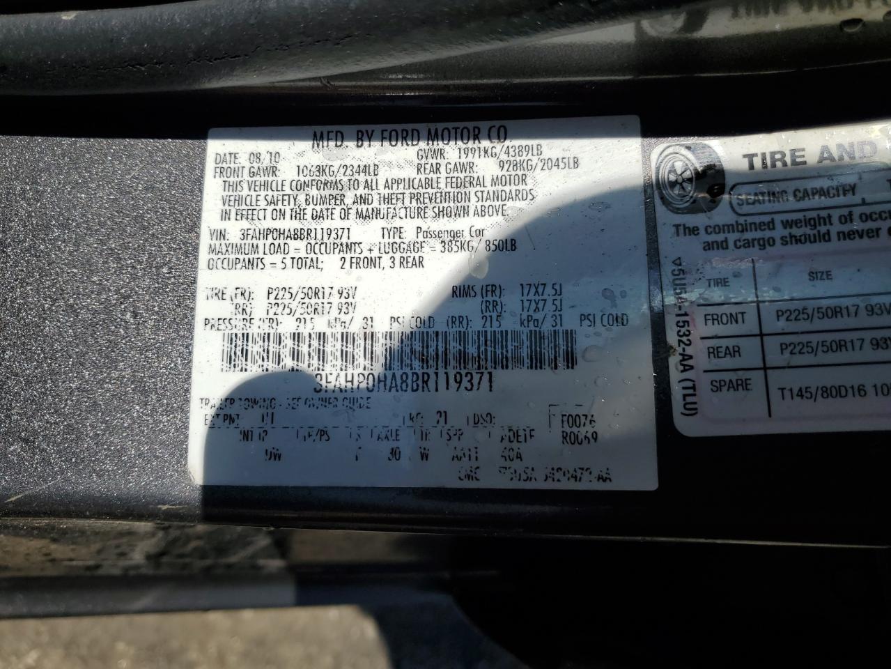 2011 Ford Fusion Se VIN: 3FAHP0HA8BR119371 Lot: 80072115