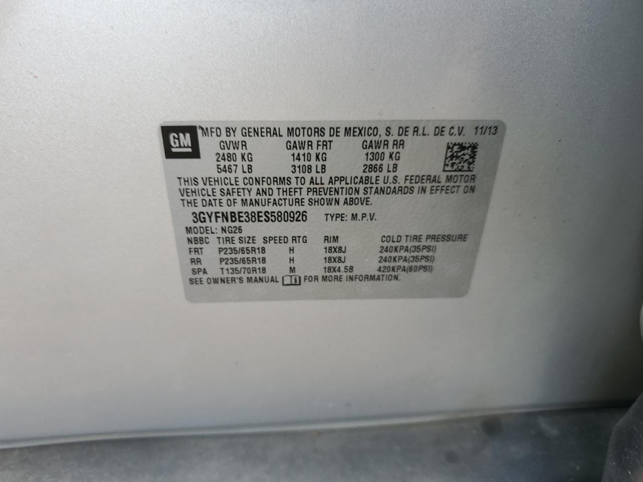 2014 Cadillac Srx Luxury Collection VIN: 3GYFNBE38ES580926 Lot: 71698525