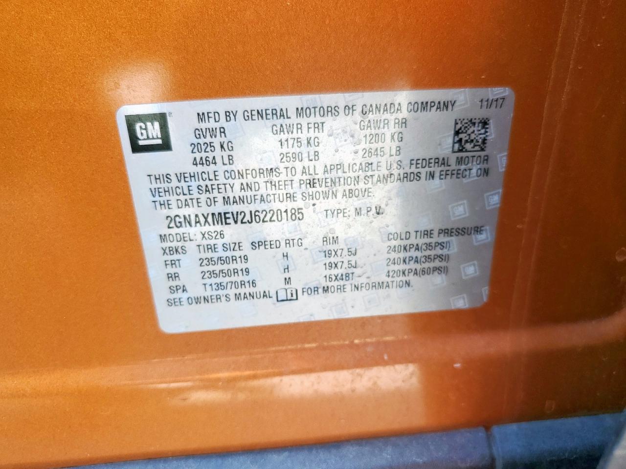 2018 Chevrolet Equinox Premier VIN: 2GNAXMEV2J6220185 Lot: 81576765