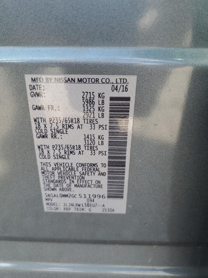 2016 Infiniti Qx60 VIN: 5N1AL0MM2GC511996 Lot: 80905275