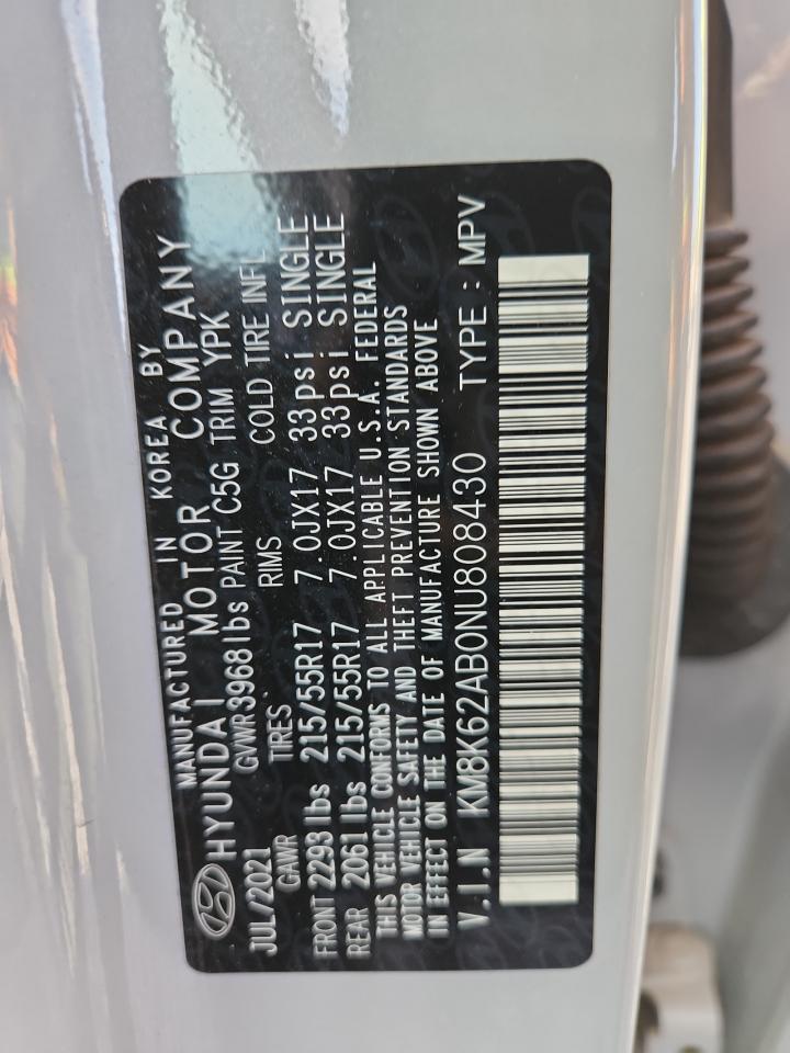 2022 Hyundai Kona Sel VIN: KM8K62AB0NU808430 Lot: 84062605