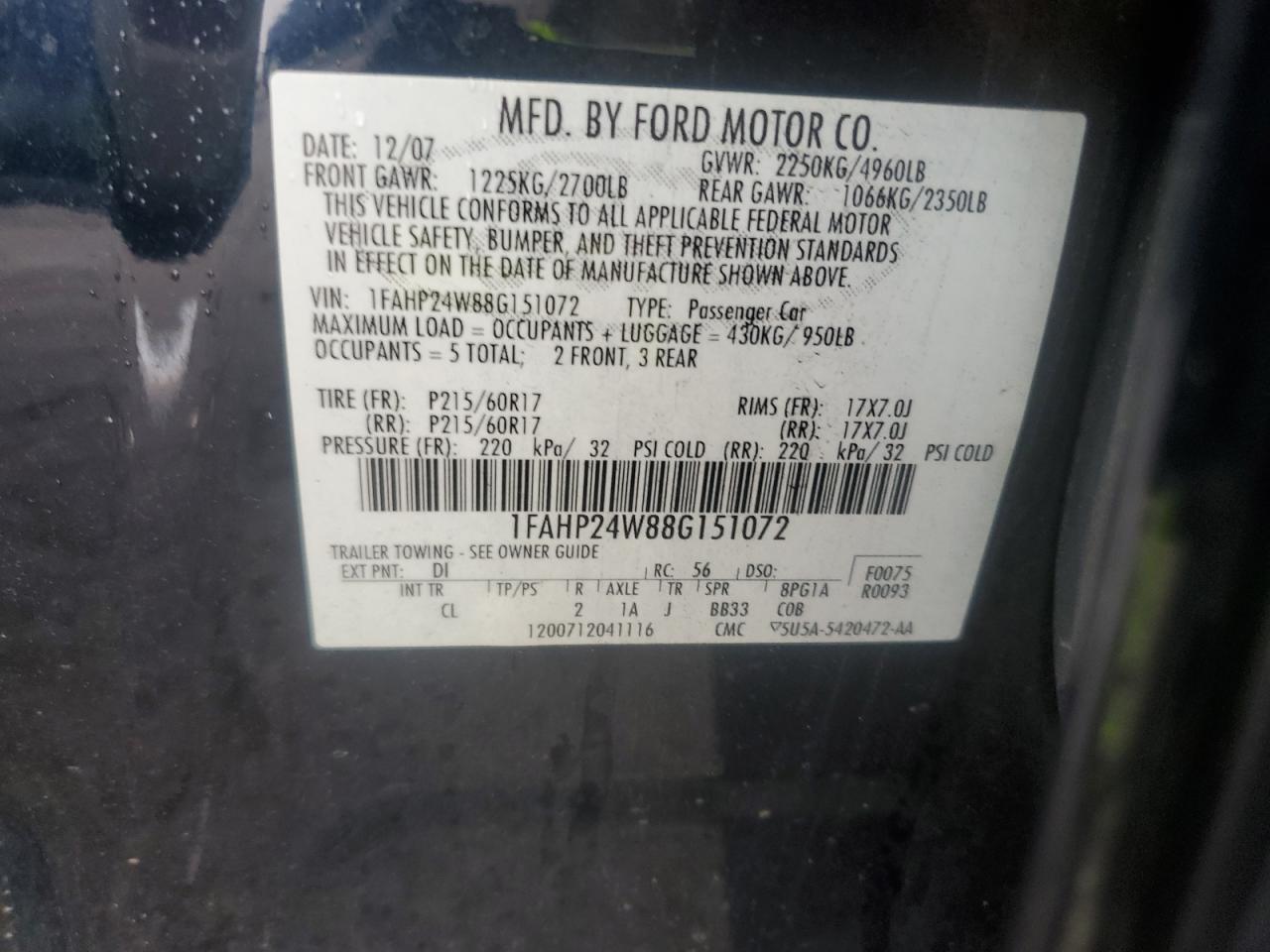 2008 Ford Taurus Sel VIN: 1FAHP24W88G151072 Lot: 80880435