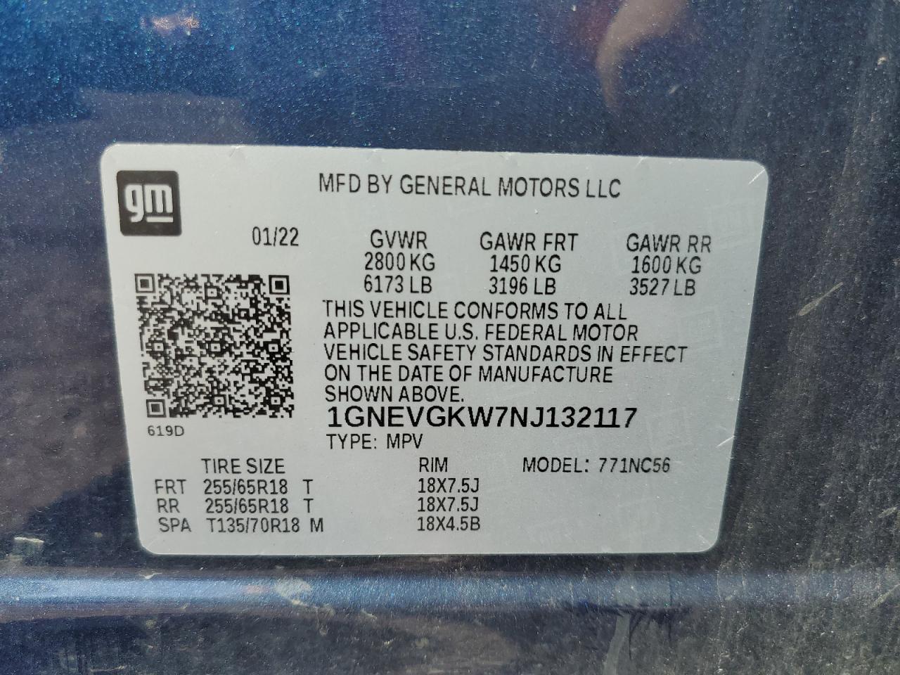 2022 Chevrolet Traverse Lt VIN: 1GNEVGKW7NJ132117 Lot: 71621955