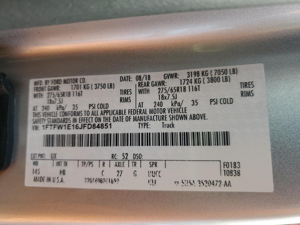 2018 Ford F150 Supercrew VIN: 1FTFW1E16JFD84851 Lot: 81685795