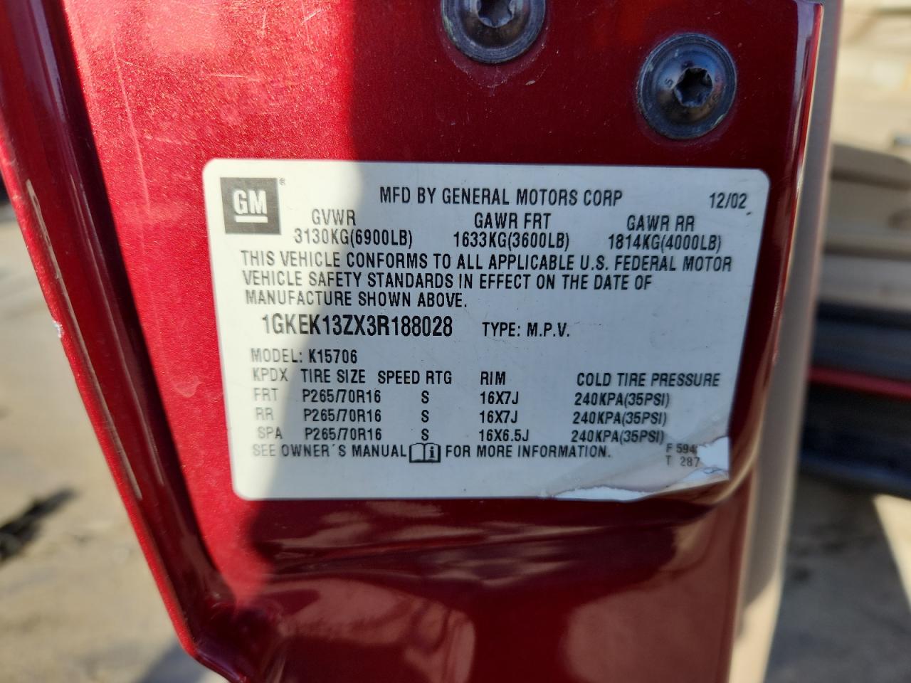 2003 GMC Yukon VIN: 1GKEK13ZX3R188028 Lot: 84249075