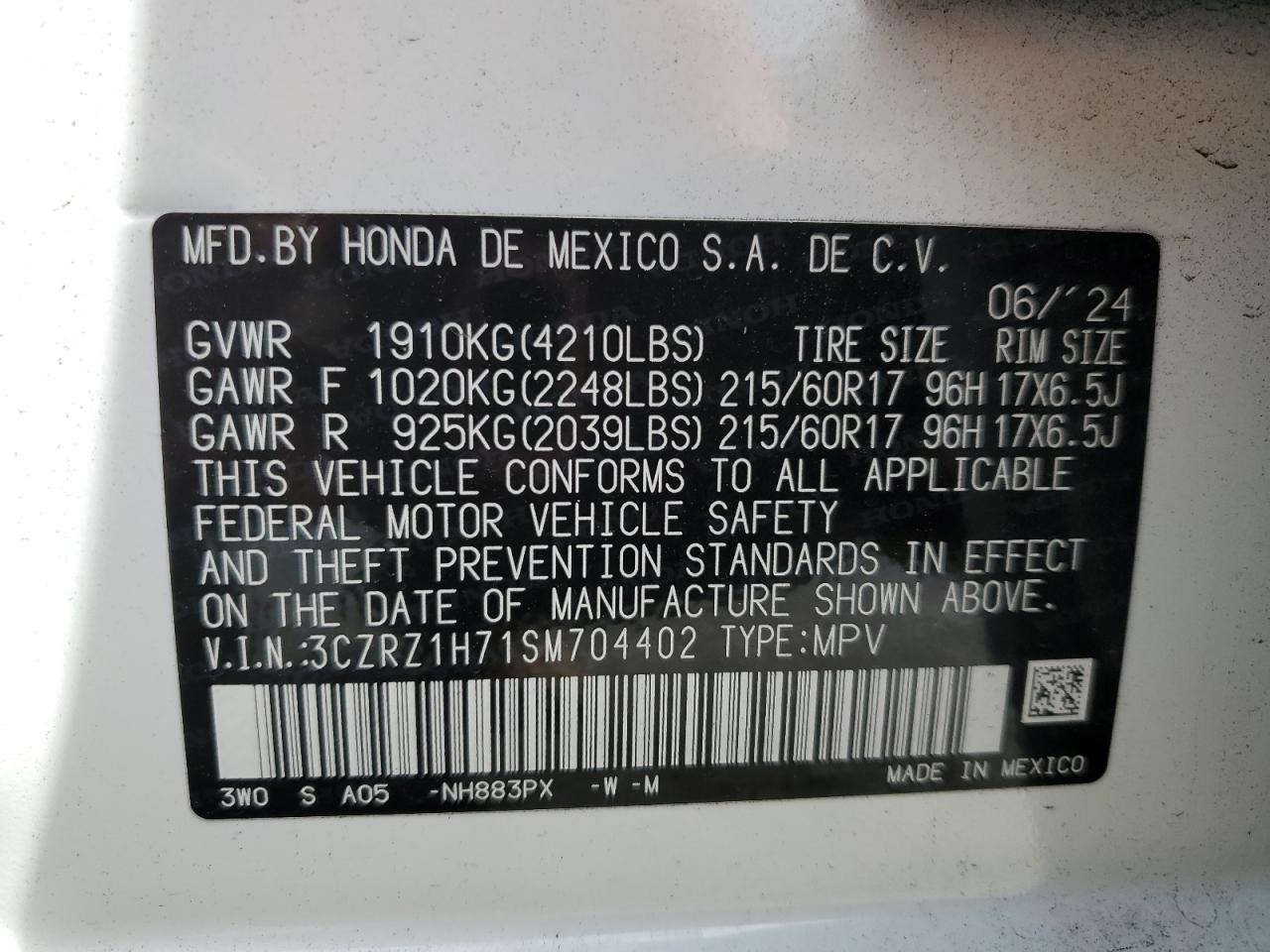 2025 Honda Hr-V Exl VIN: 3CZRZ1H71SM704402 Lot: 80843465