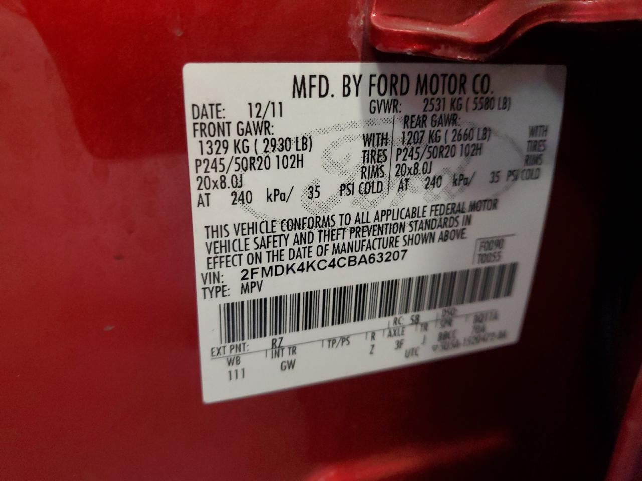 2012 Ford Edge Limited VIN: 2FMDK4KC4CBA63207 Lot: 81908935