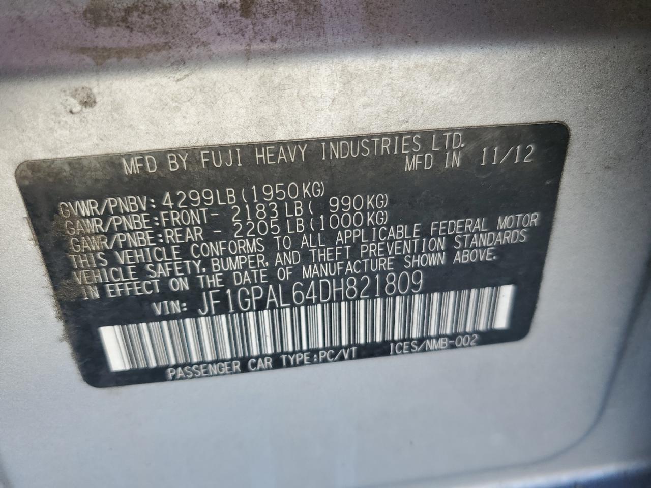 2013 Subaru Impreza Sport Premium VIN: JF1GPAL64DH821809 Lot: 71924485