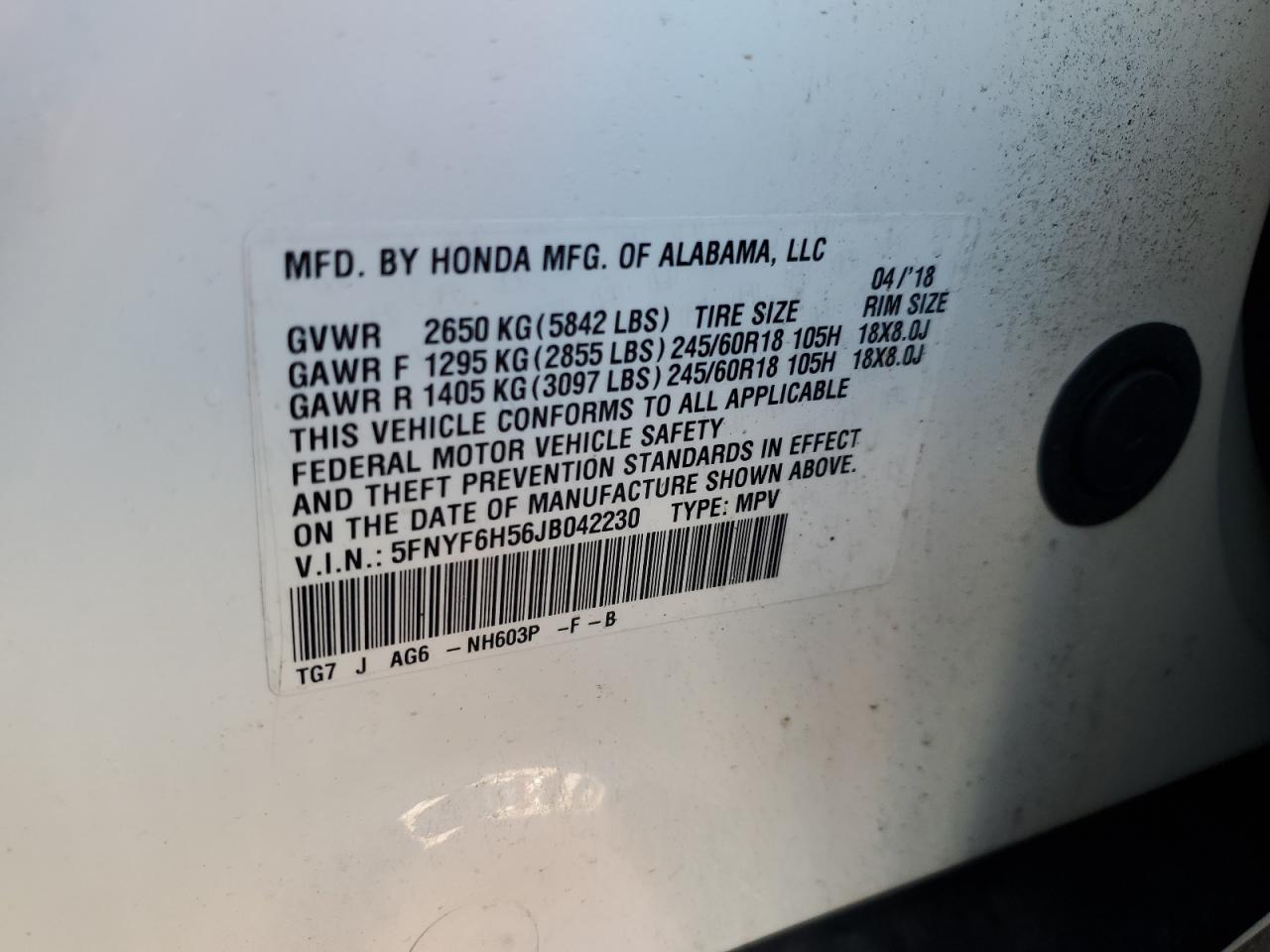 2018 Honda Pilot Exl VIN: 5FNYF6H56JB042230 Lot: 80179695