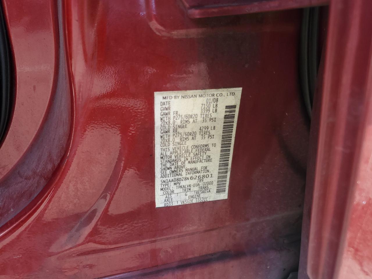 2008 Nissan Armada Se VIN: 5N1AA08D28N626801 Lot: 84284385