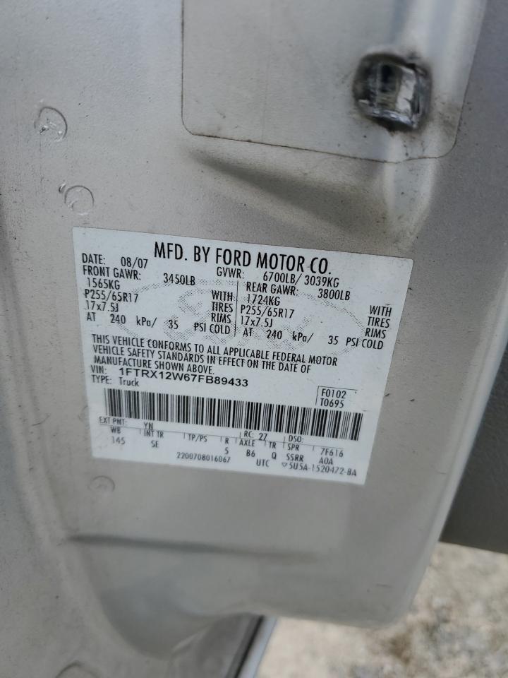 2007 Ford F150 VIN: 1FTRX12W67FB89433 Lot: 84162515