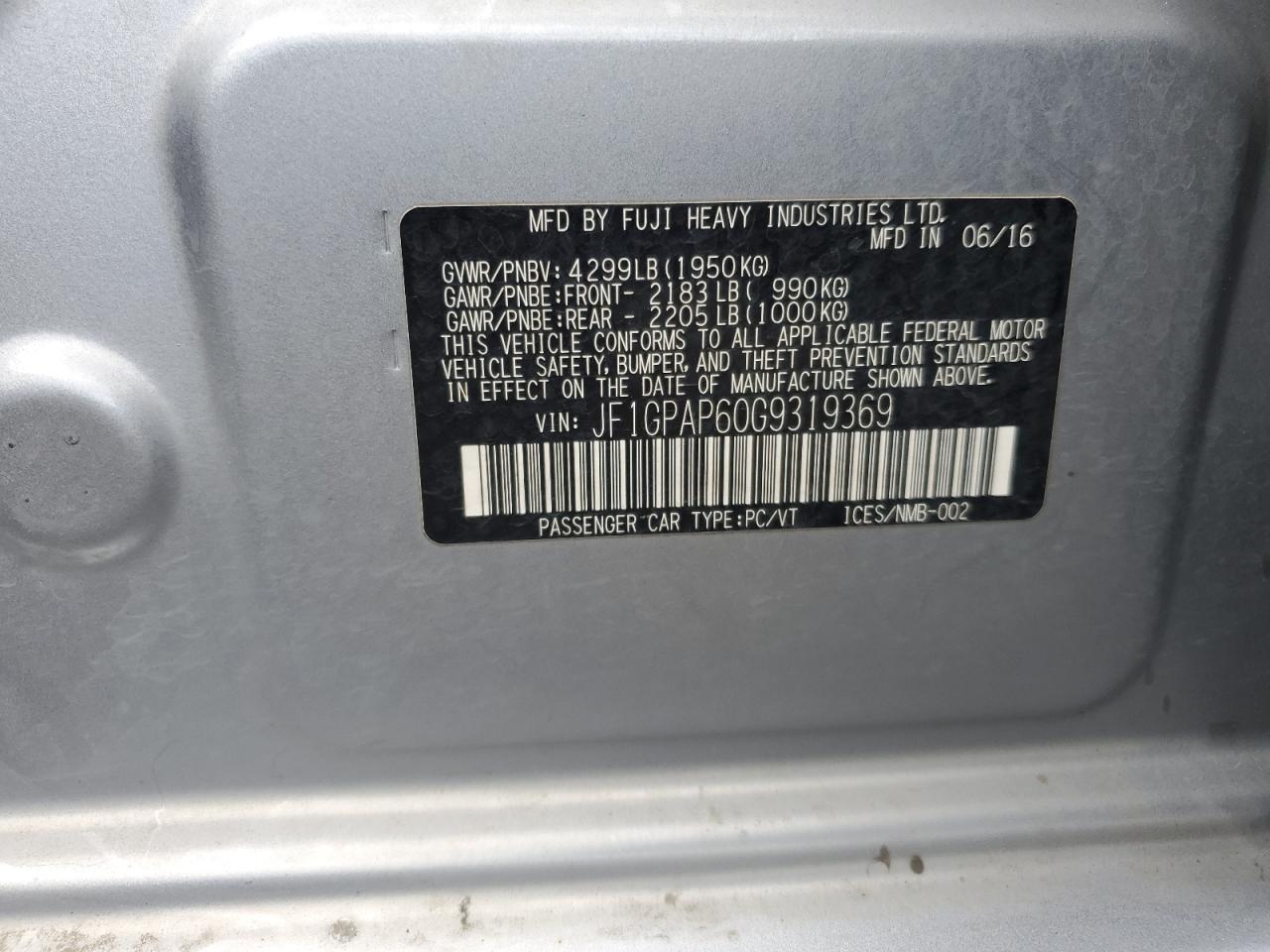 2016 Subaru Impreza Sport Premium VIN: JF1GPAP60G9319369 Lot: 70202445