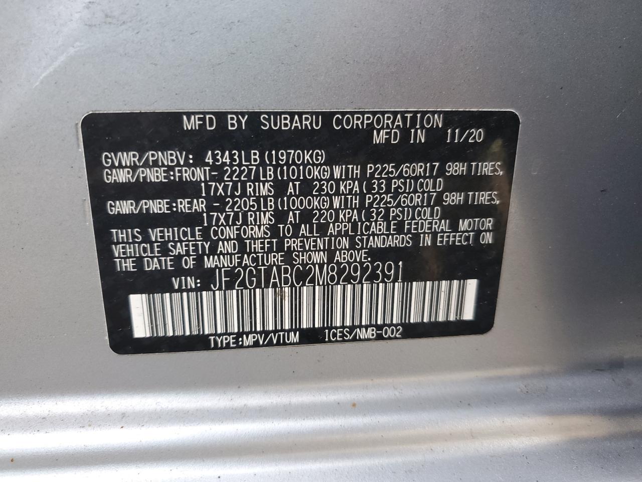 2021 Subaru Crosstrek VIN: JF2GTABC2M8292391 Lot: 84615655