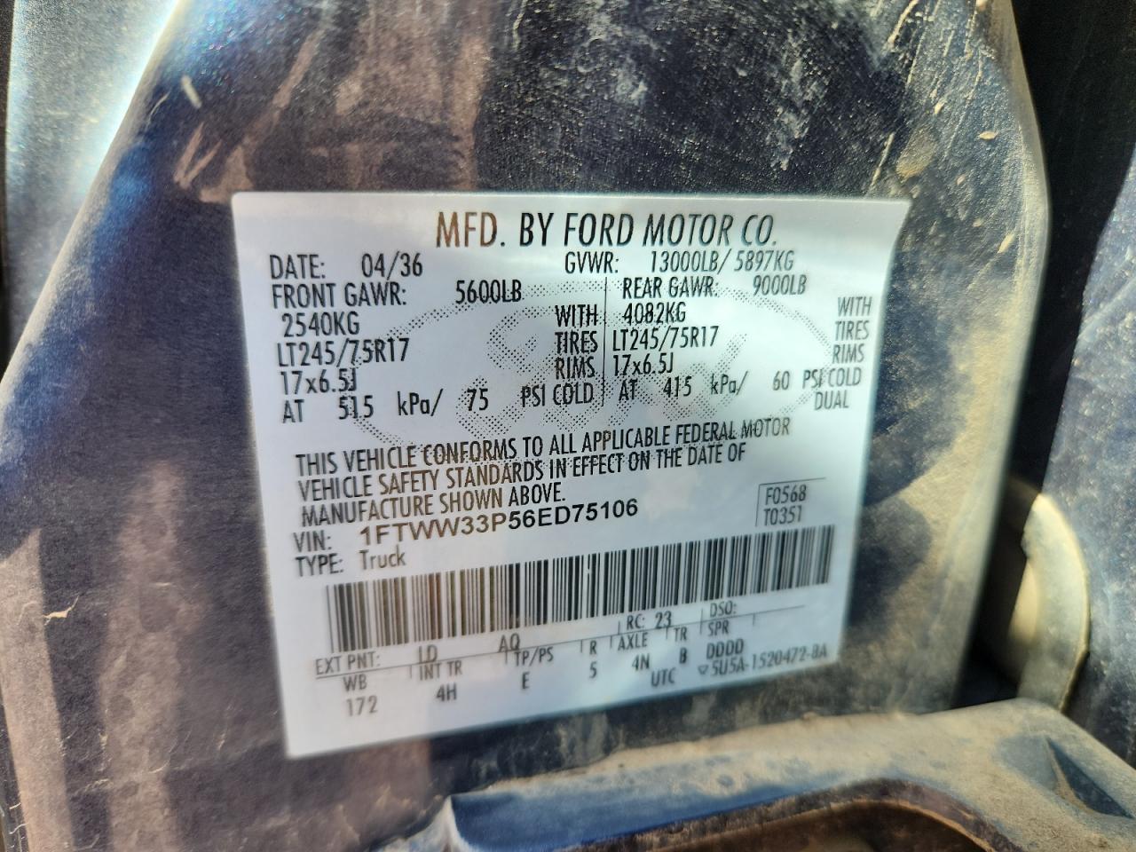 2006 Ford F350 Super Duty VIN: 1FTWW33P56ED75106 Lot: 80855315