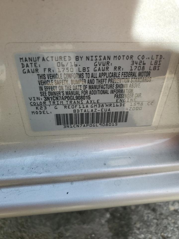 2016 Nissan Versa S VIN: 3N1CN7AP0GL908015 Lot: 83878575