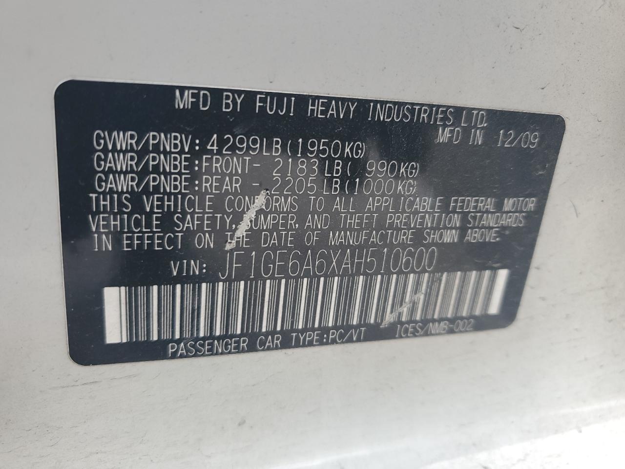 2010 Subaru Impreza 2.5I VIN: JF1GE6A6XAH510600 Lot: 84442305