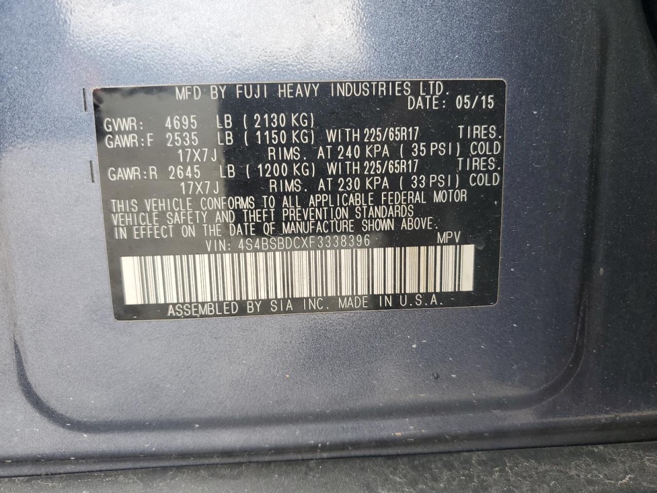 2015 Subaru Outback 2.5I Premium VIN: 4S4BSBDCXF3338396 Lot: 84222115