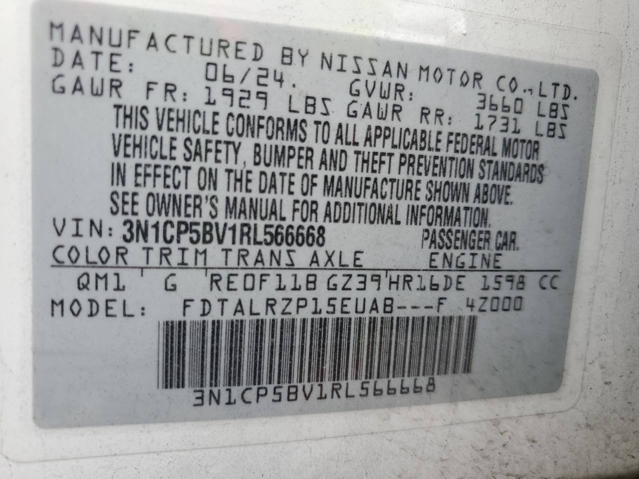 2024 Nissan Kicks S VIN: 3N1CP5BV1RL566668 Lot: 81663275