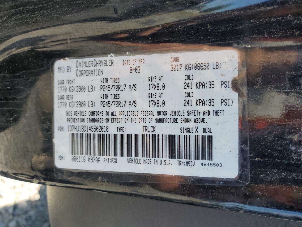 2004 Dodge Ram 1500 St VIN: 1D7HU18D14S502018 Lot: 72074895