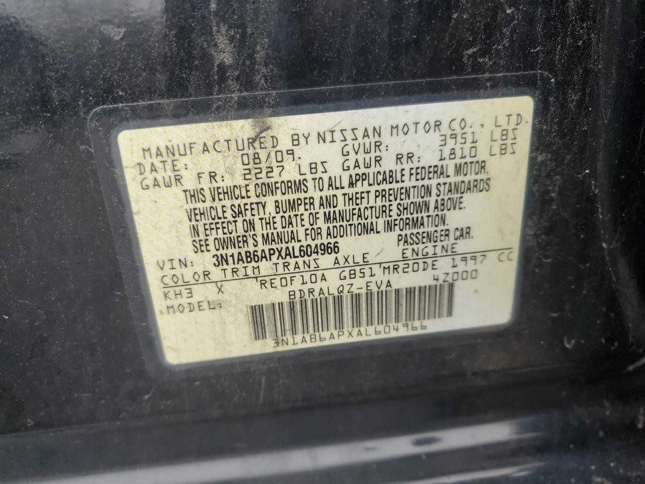 2010 Nissan Sentra 2.0 VIN: 3N1AB6APXAL604966 Lot: 81075135