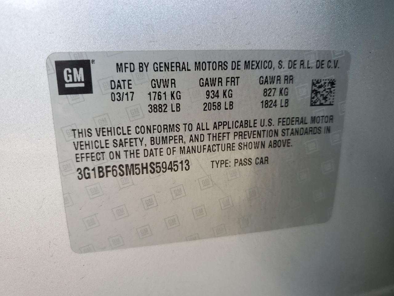 2017 Chevrolet Cruze Premier VIN: 3G1BF6SM5HS594513 Lot: 81513075