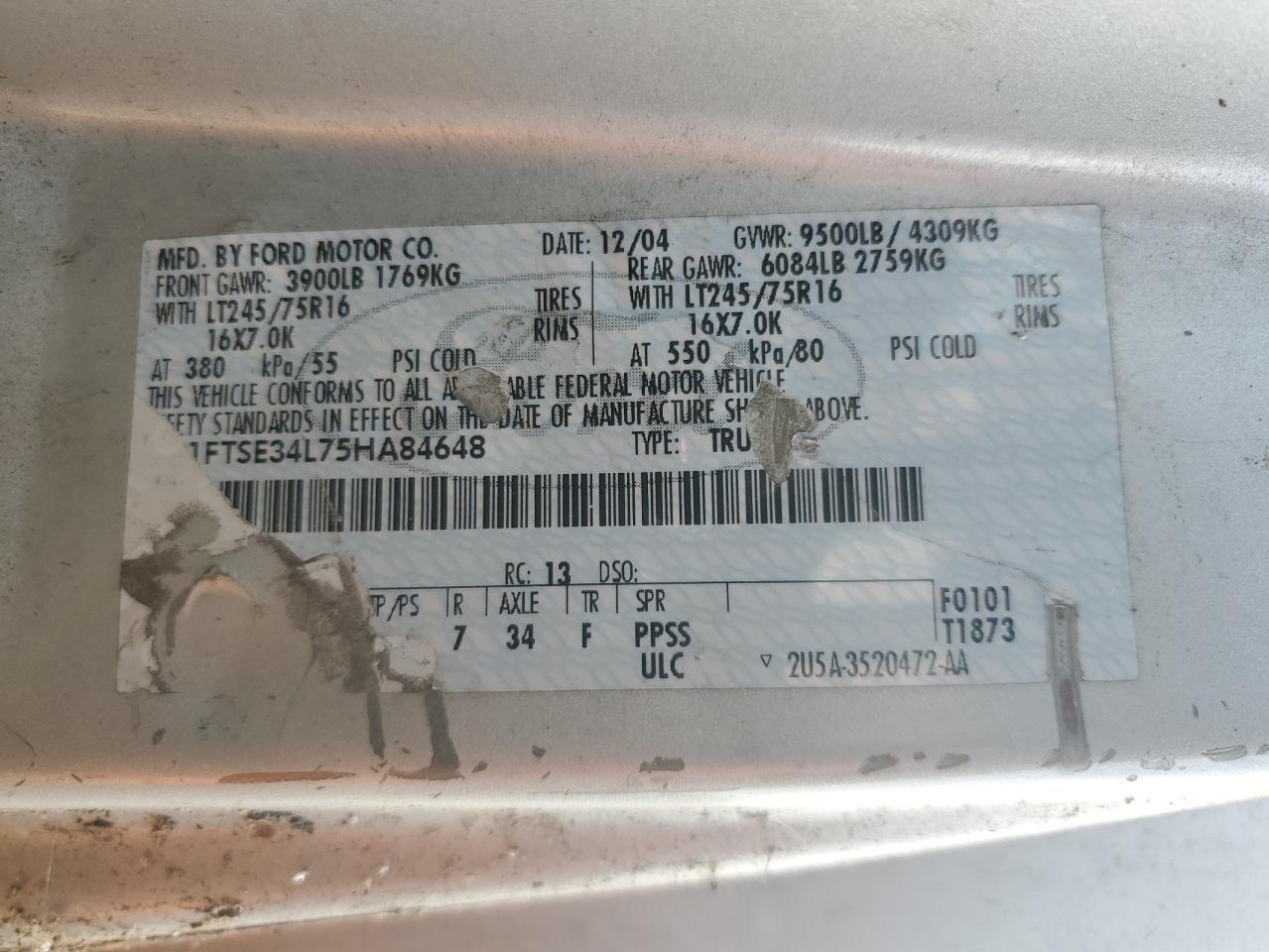 2005 Ford Econoline E350 Super Duty Van VIN: 1FTSE34L75HA84648 Lot: 83757135