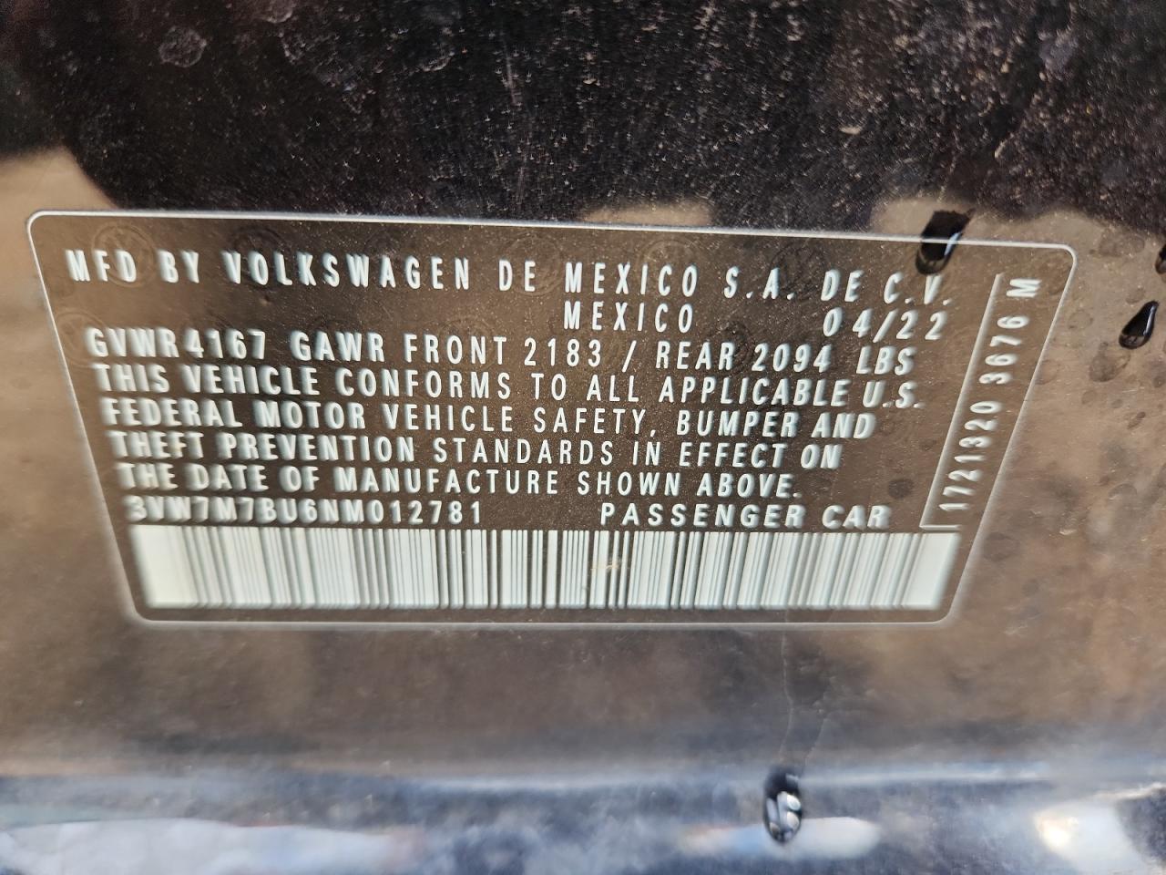 2022 Volkswagen Jetta Se VIN: 3VW7M7BU6NM012781 Lot: 80827245