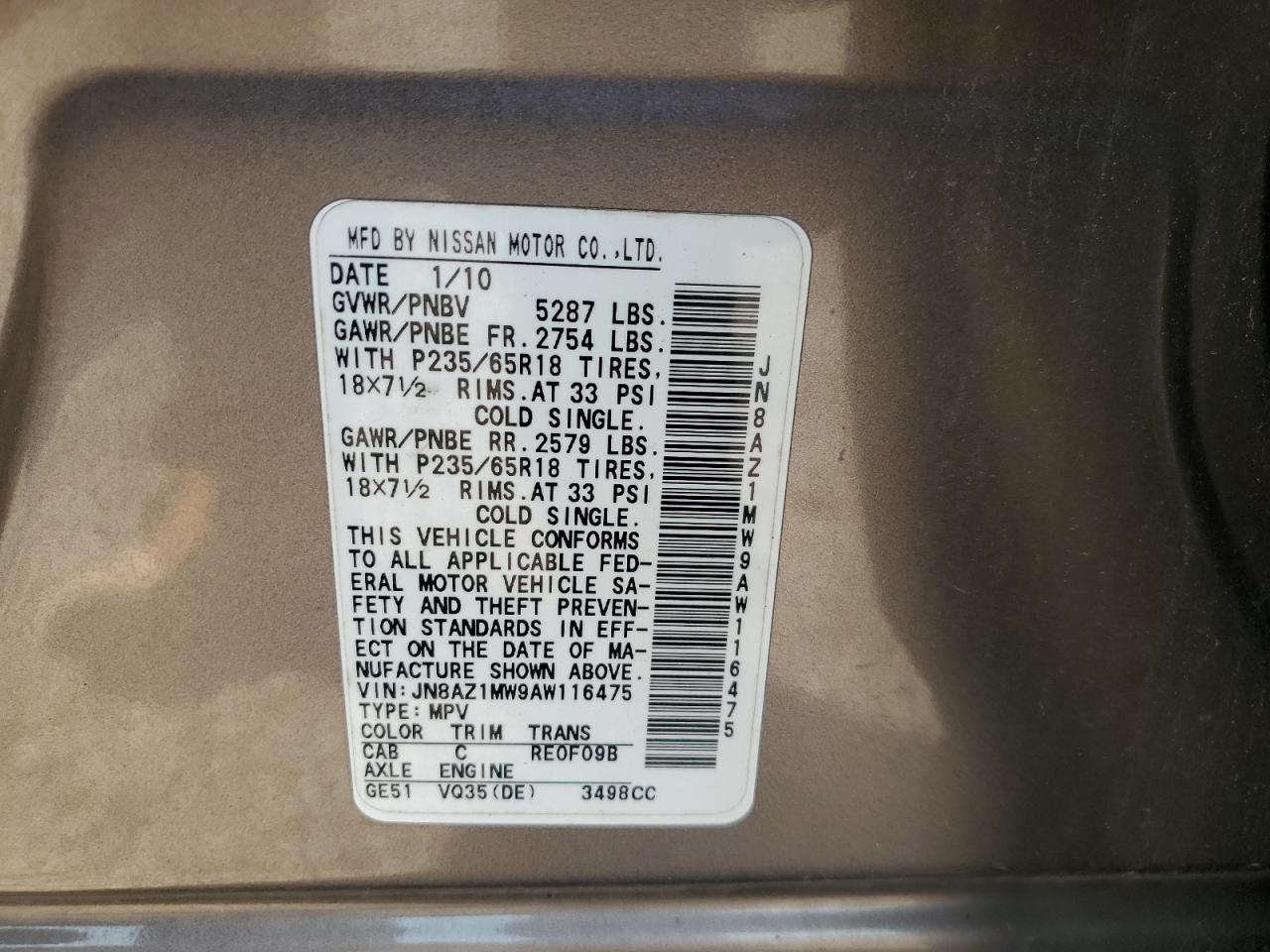 2010 Nissan Murano S VIN: JN8AZ1MW9AW116475 Lot: 80655255