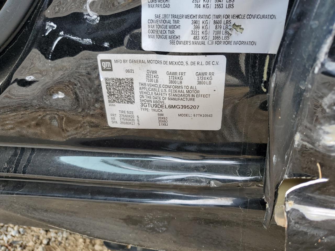 2021 GMC Sierra K1500 Slt VIN: 3GTU9DEL6MG395207 Lot: 70346135