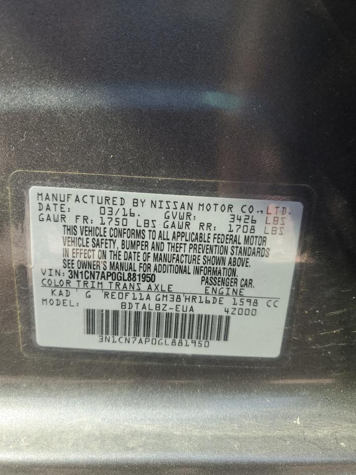 2016 Nissan Versa S VIN: 3N1CN7AP0GL881950 Lot: 84051335