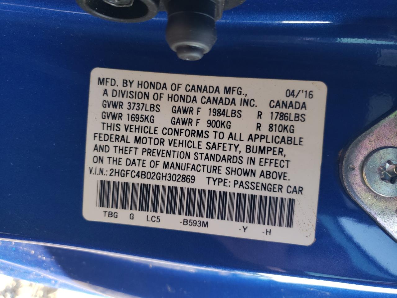 2016 Honda Civic Lx VIN: 2HGFC4B02GH302869 Lot: 80343185