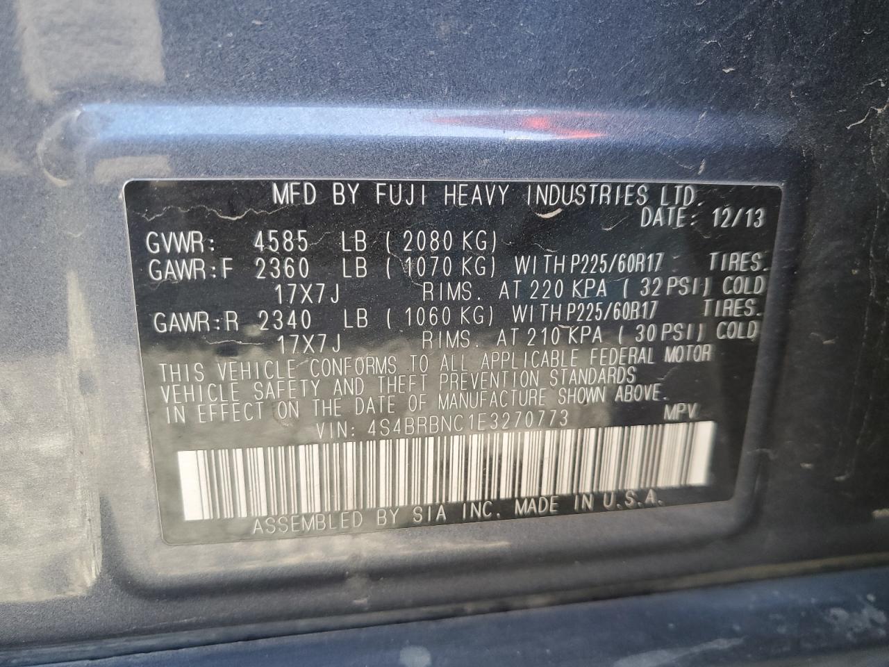 2014 Subaru Outback 2.5I Limited VIN: 4S4BRBNC1E3270773 Lot: 81272075