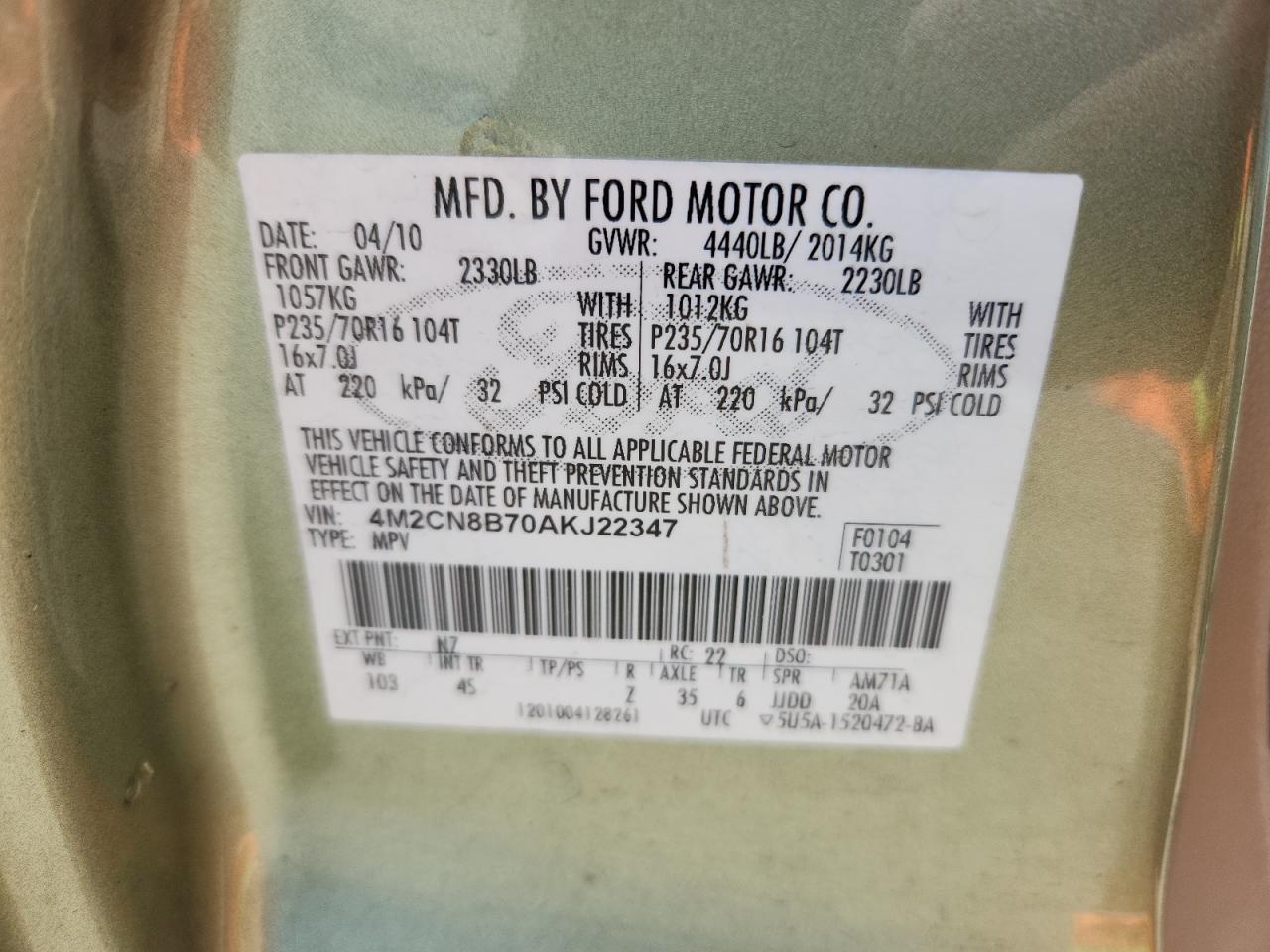 2010 Mercury Mariner VIN: 4M2CN8B70AKJ22347 Lot: 71175105