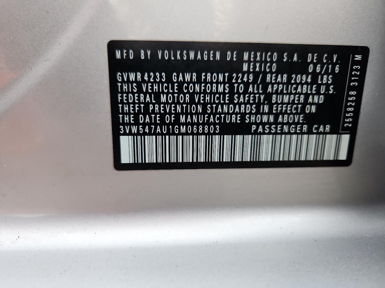 2016 Volkswagen Gti S/Se VIN: 3VW547AU1GM068803 Lot: 71131805