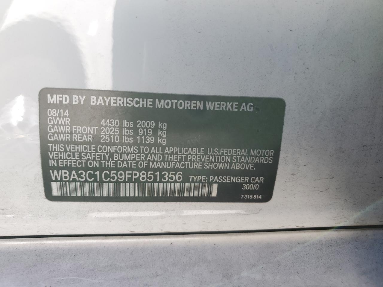 2015 BMW 328 I Sulev VIN: WBA3C1C59FP851356 Lot: 84427345