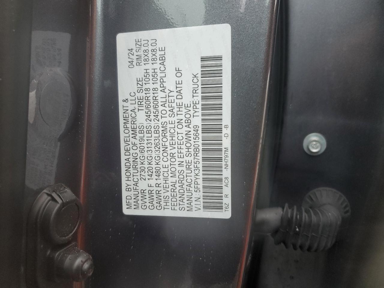 2024 Honda Ridgeline Rtl VIN: 5FPYK3F57RB015649 Lot: 81700955