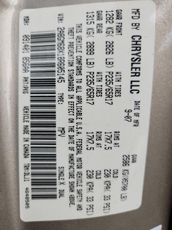 2008 Chrysler Pacifica Touring VIN: 2A8GM68X18R605145 Lot: 81165445