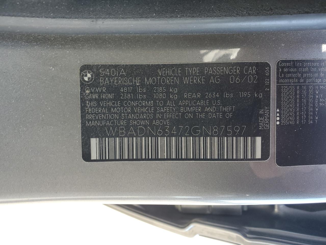 2002 BMW 540 I Automatic VIN: WBADN63472GN87597 Lot: 72067115