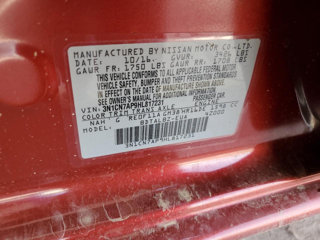 2017 Nissan Versa S VIN: 3N1CN7AP9HL817231 Lot: 80406765