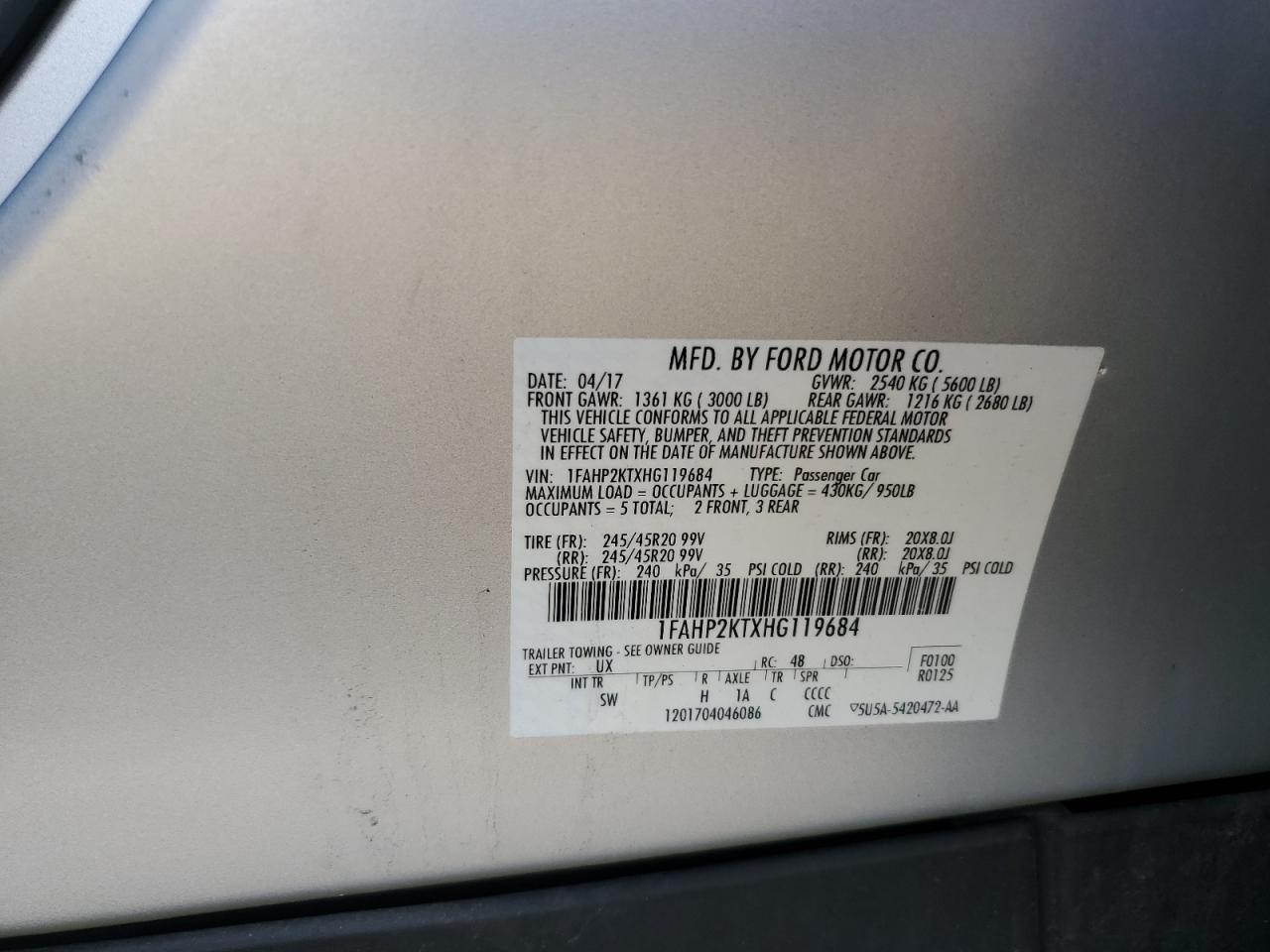 2017 Ford Taurus Sho VIN: 1FAHP2KTXHG119684 Lot: 80622705