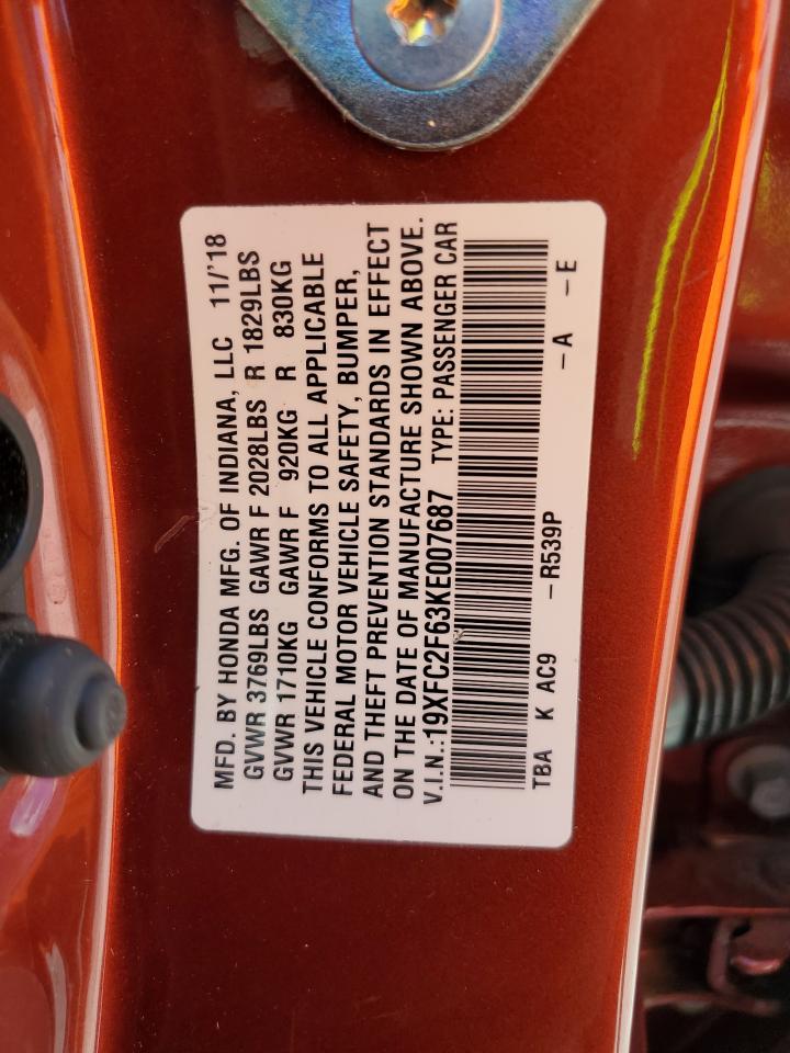 2019 Honda Civic Lx VIN: 19XFC2F63KE007687 Lot: 80506295