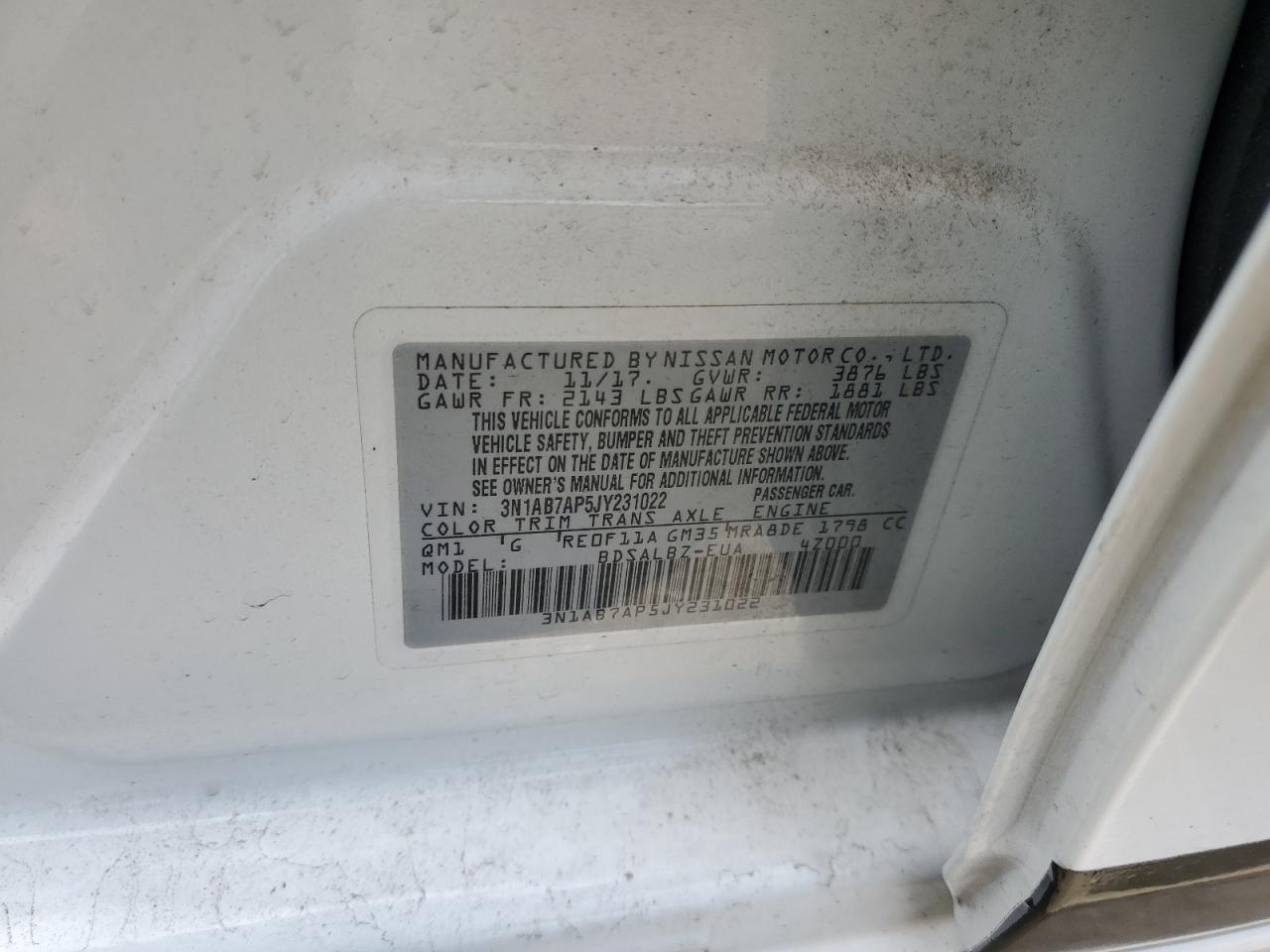 2018 Nissan Sentra S VIN: 3N1AB7AP5JY231022 Lot: 80159945