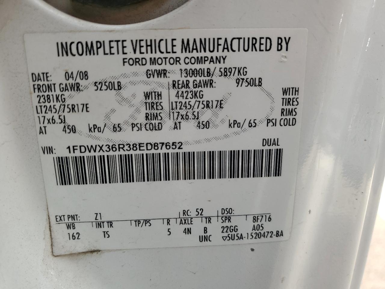 2008 Ford F350 Super - Flat Bed Truck VIN: 1FDWX36R38ED87652 Lot: 81225535