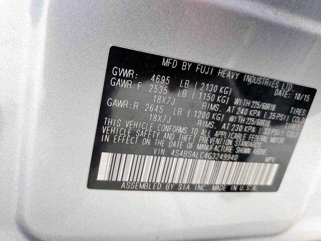 2016 Subaru Outback 2.5I Limited VIN: 4S4BSALC4G3249940 Lot: 80704705