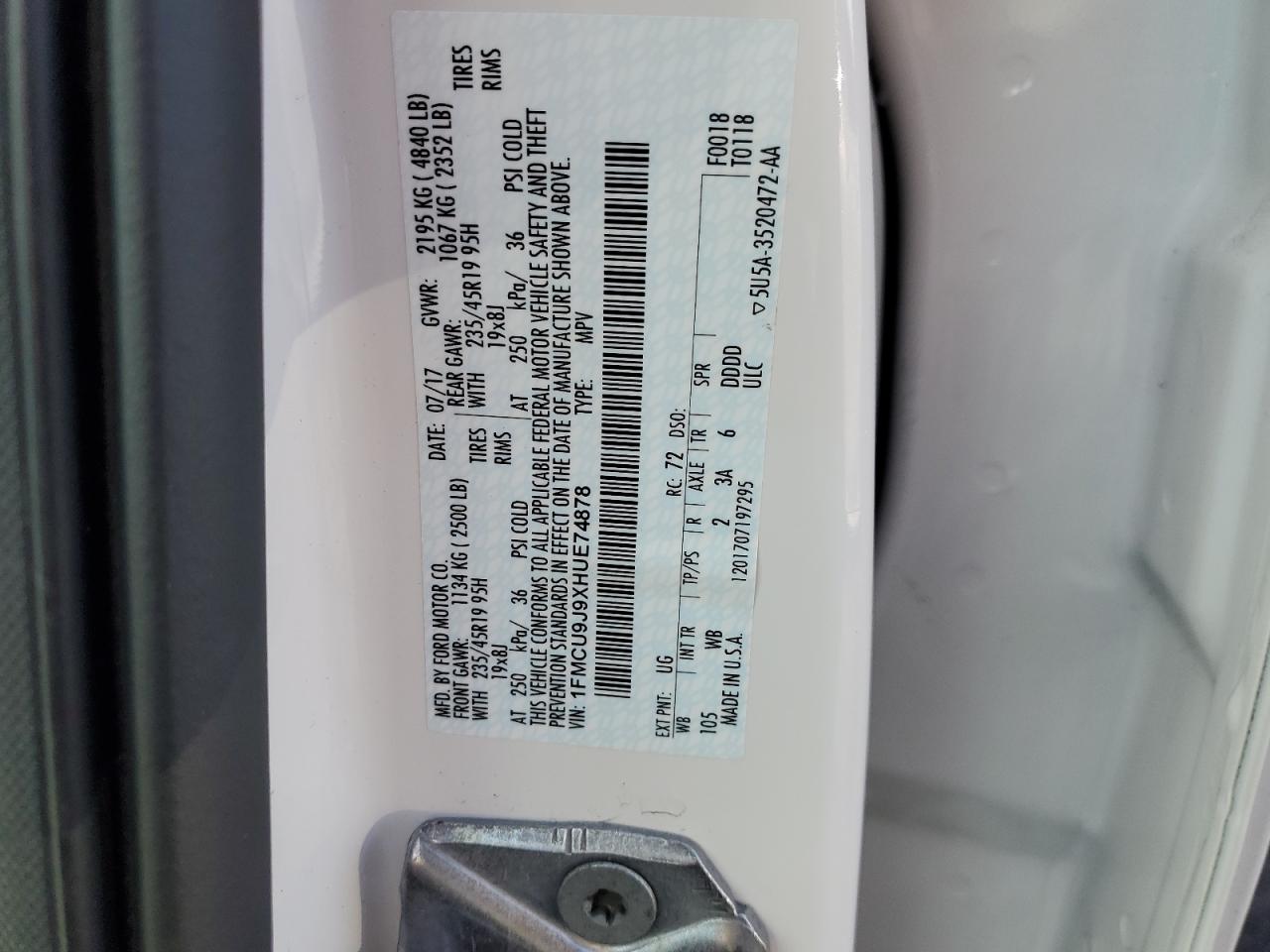 2017 Ford Escape Titanium VIN: 1FMCU9J9XHUE74878 Lot: 81164555