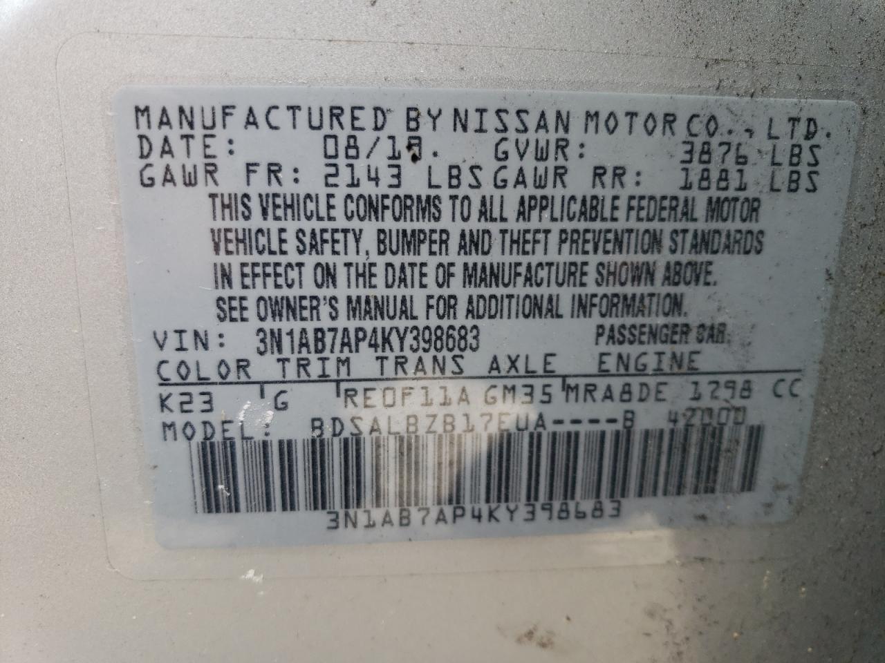 2019 Nissan Sentra S VIN: 3N1AB7AP4KY398683 Lot: 84203205